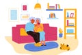 Senior people gadgets in room. Happy elderly couple on sofa in living room, pensioners mastering new device Royalty Free Stock Photo