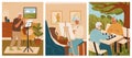 Senior people hobby cocnept vector set. Old man playing music at nursing home, eldery woman painting at home, couple of Royalty Free Stock Photo