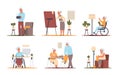 Senior people at home. Pensioners hobby. Elderly cartoon characters playing card games, watching movies and talking