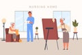 Senior people. Nursing home. Elderly characters leisure. Retired woman knitting. Grandma painting picture. Grandparents