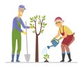 Senior people planting a tree - flat design style illustration