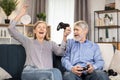 Senior people playing video games with controllers indoors Royalty Free Stock Photo