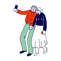 Senior People and Smart Devices Concept. Aged Couple Making Selfie on White Background. Elderly Man and Woman