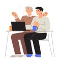 Senior people study computer or have problems with technology. Old people assistance in distant work or online shopping