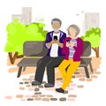 Senior people use gadgets outdoor. Progressive grandparents .Modern old people using internet,vector illustration Royalty Free Stock Photo