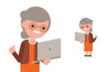 Senior people using laptop. Happy grandma with computer isolated on white background. Vector cartoon character