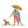 Senior people walking dog under rain with umbrella