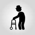 Senior person with disabilities and physical injury on gray background. Vector illustration