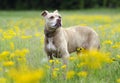 Senior Pitbull Terrier dog in yellow flowers portrait Royalty Free Stock Photo