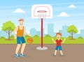 Senior Playing Basketball with His Grandson, Elderly People Active Healthy Lifestyle Vector Illustration