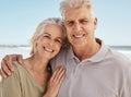 Senior, portrait and happy couple on beach holiday, bonding or weekend in love, care or support. Mature man and woman Royalty Free Stock Photo