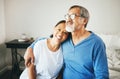 Senior, portrait or happy couple hug in home bedroom together to relax on holiday with bond or support. Embrace, lovers Royalty Free Stock Photo