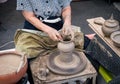 Senior potter& x27;s hands shaping traditional clay pot Royalty Free Stock Photo