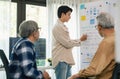 senior programmer bootcamlp,Asian young instructor guides senior learners through a programming on whiteboard, highlighting Royalty Free Stock Photo