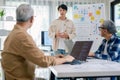 senior programmer bootcamlp,Asian young instructor guides senior learners through a programming on whiteboard, highlighting Royalty Free Stock Photo