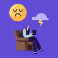 Senior Psychiatrist Character Sit in Armchair Write in Notebook with Sad Smile and Flashlight in Cloud above Head