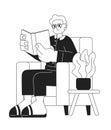 Senior reading book black and white cartoon flat illustration