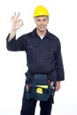 Senior repairman showing good work done sign Royalty Free Stock Photo