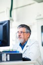 Senior researcher using a computer in the lab