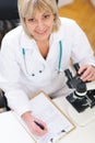Senior researcher woman working with microscope