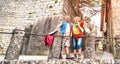 Senior retired couple having genuine fun in San Marino old town castle - Active elderly and travel lifestyle concept Royalty Free Stock Photo