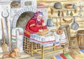 Senior Russian woman cooking dressed in traditional Russian folk costumes in the Russian hut. Funny cartoon character.