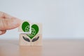 Hand arrange wooden cube block with earth in heart over hands icon ,CSR, eco green sustainable living, zero waste, Royalty Free Stock Photo