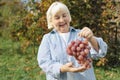 Portrait of smiling Caucasian 50s woman holding grape healthy food outdoors. Senior woman eating grapes. People, food Royalty Free Stock Photo