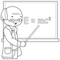 Science teacher teaching in the classroom. Vector black and white coloring page