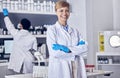 Senior scientist, woman and portrait with smile in laboratory, science and medical innovation with research study