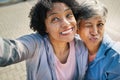 Senior selfie, funny and women on the sidewalk for a memory, family together or quality time. Smile, comic and elderly Royalty Free Stock Photo