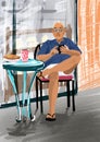 Senior sitting in cafe illustration