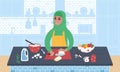 Senior smiling woman wearing a hidjab preparing a meal. Flat style vector illustration.