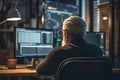 Senior software developer works on his personal computer in office environment