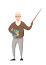 Senior teacher, professor standing in front, and holds pointer with book. Cartoon character design. Flat illustration