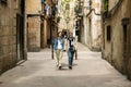 Senior tourist couple walking around Barcelona city enjoying summer vacation Royalty Free Stock Photo