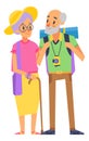 Senior tourists concept. Old woman with walking cane and man with photocamera