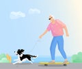 Senior traveler on a skate with dog, activity summer vacation, elderly man tourist walking with border collie Royalty Free Stock Photo