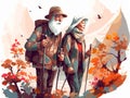 senior trekking walking old couple elderly active grandfather hiking happy. Generative AI.