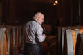 Senior winemaker tasting red wine near a big oak barrel Royalty Free Stock Photo