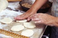 Senior woman baking pies in her home kitchen.Grandma cooks pies. Home cooked food. omemade mold cakes of the dough in the women`s Royalty Free Stock Photo