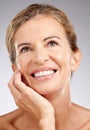 Senior woman, beauty and skincare, face smile and teeth for aesthetic makeup, facial glow or natural body cosmetics on Royalty Free Stock Photo