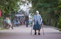 Senior woman with canes walking in park