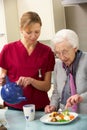 Senior woman with carer eating meal at home