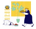 Senior Woman Carry Tray with Pile of Fresh Pies. Grandmother Hospitality and Fat Food Concept. Fatty Dog Eating on Floor