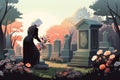 senior woman in the cemetery mourns at the grave AI generated
