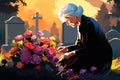 senior woman in the cemetery mourns at the grave AI generated