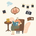 Senior Woman Character Sitting on Couch Watching Family Album with Pictures in Room, Aged Granny Remembering Past