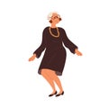 Senior woman dancing, wearing elegant evening dress, accessories, jewelry. Happy old lady dances. Elderly gray female