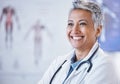 Senior woman, doctor and smile for healthcare, thinking or cardiology at the hospital. Face of happy elderly female Royalty Free Stock Photo